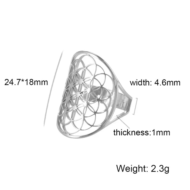Bague unisexe ajustable Fleur de Vie, disponible en argent 925 ou or 18K. Symbole puissant de bien-être.