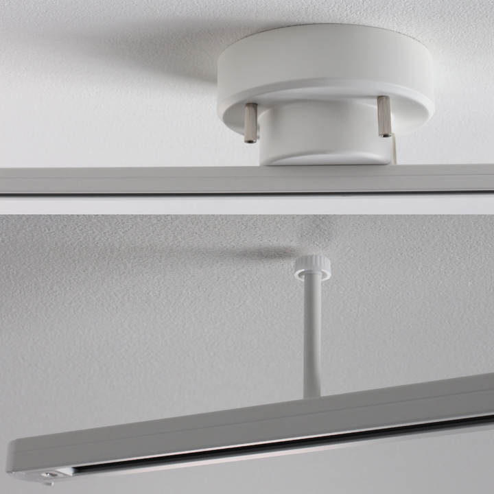 Rail lumineux suspendu pour bureau, spots directionnels, flexibilité et design minimaliste.