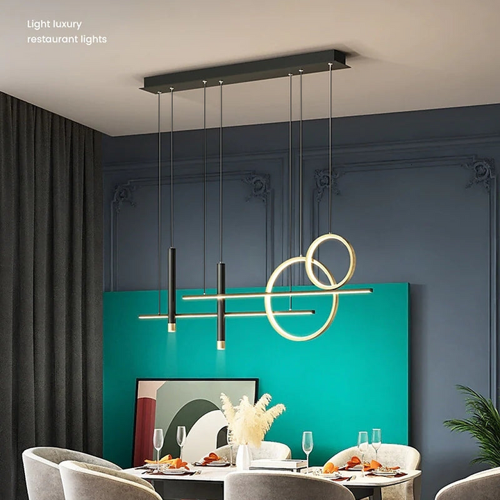 Vue d'ensemble lampe suspendue LED LumoSphere dimmable. Luminaire design pour salon ou chambre.