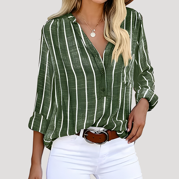 Chemise femme mode rayée à manches longues, design chic et élégant. Parfaite blouse pour bureau ou décontracté.