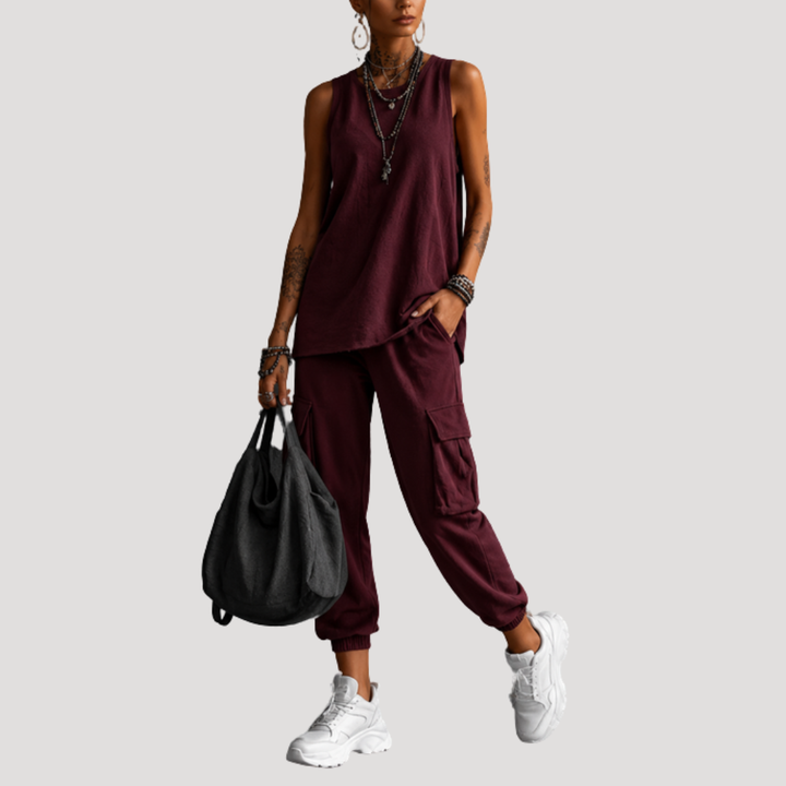 Set cargo femme complet: top sans manches et pantalon large. Idéal pour un look casual chic d'été.