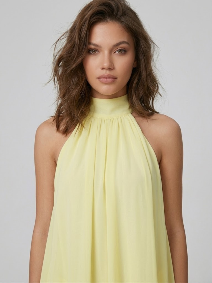 Mini robe d'été femme, dos nu, col halter, volants pour un look frais et léger et très chic.