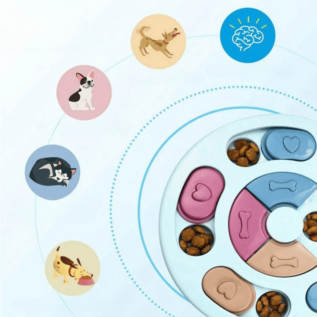 Puzzle interactif intelligent pour chien, avec compartiments à friandises, ralentit l'ingestion et enrichit l'environnement.