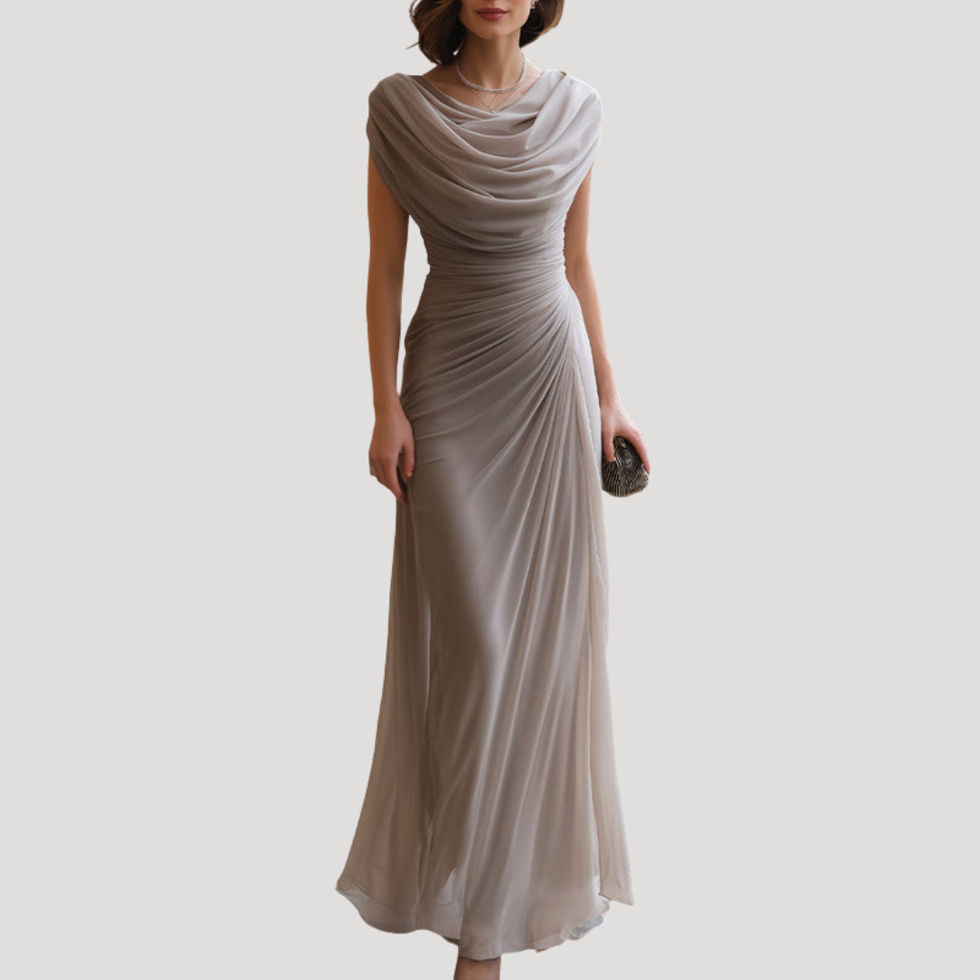 Robe longue élégante pour femme, col bénitier fluide et drapée. Idéale pour soirées, cérémonies.