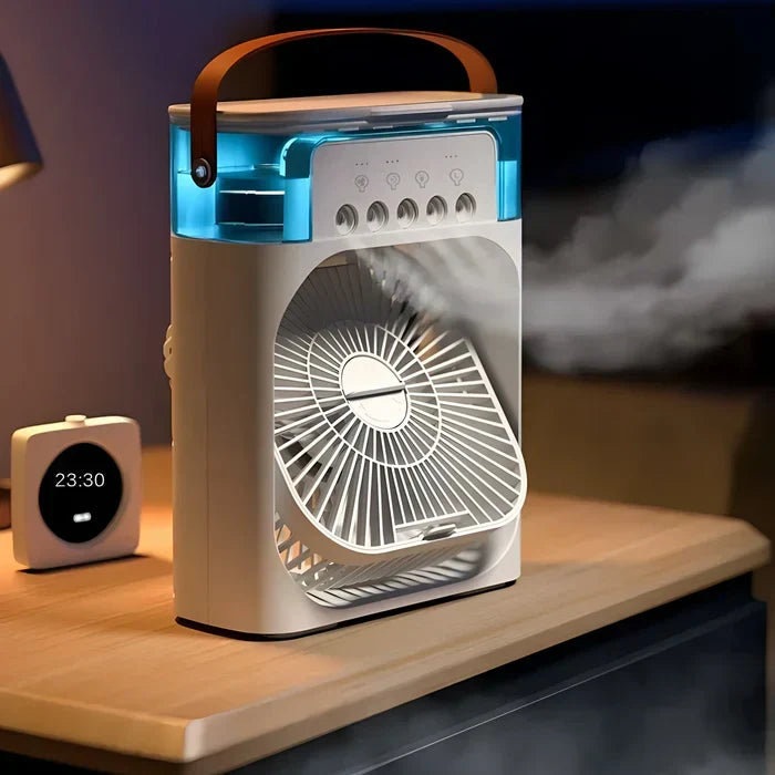 Climatiseur-ventilateur-humidificateur 3-en-1 compact, parfait pour un air frais et sain dans votre bureau ou maison.