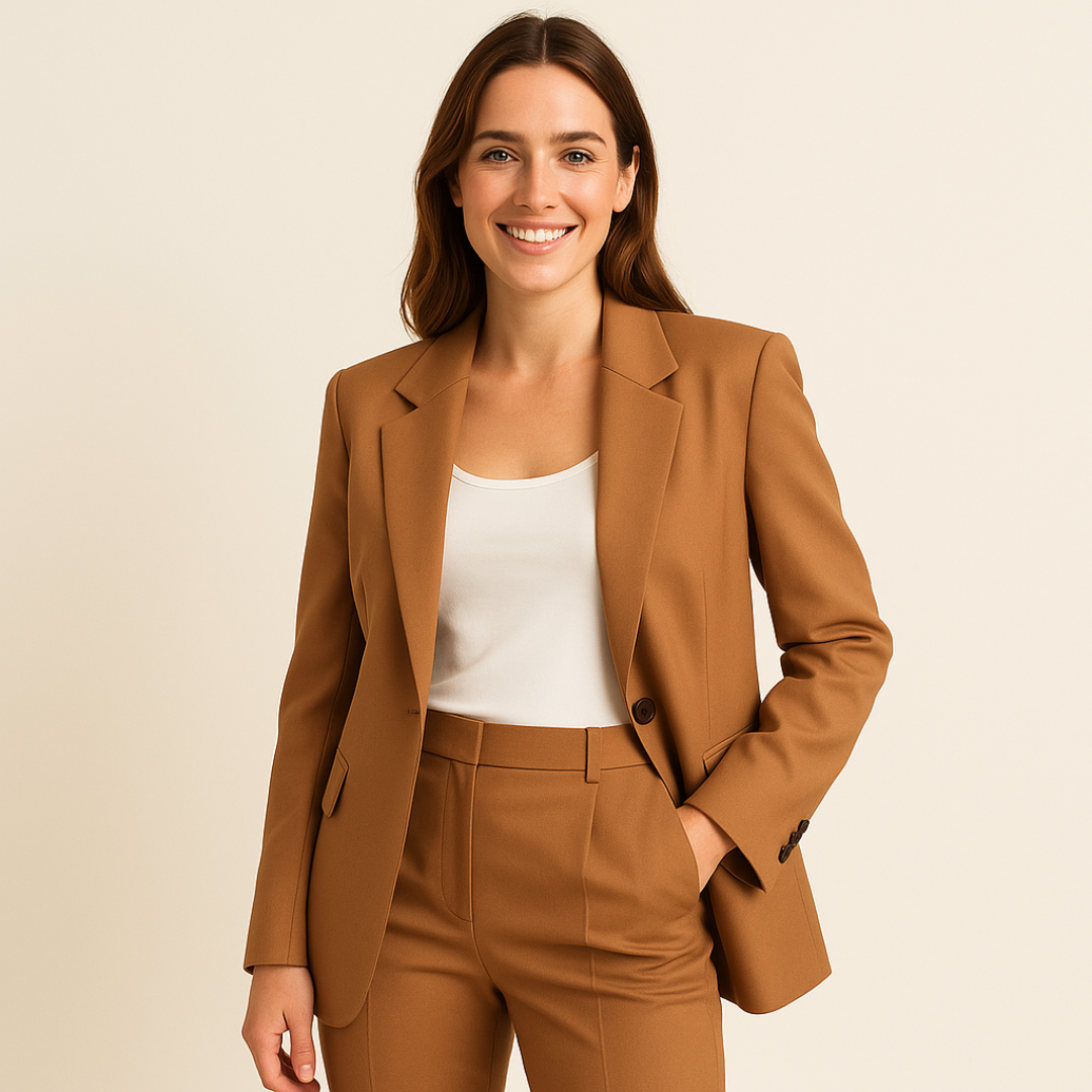 Mannequin portant un tailleur femme élégant et slim, ensemble veste et pantalon pour le travail.