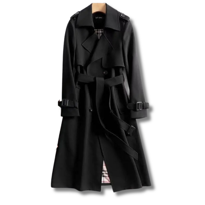Trench-coat femme avec ceinture et revers larges, coupe élégante et classique, idéal pour mi-saison.