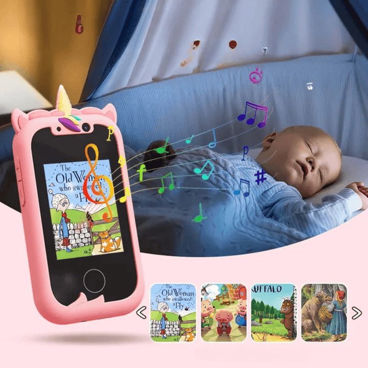 Téléphone jouet éducatif avec écran tactile, caméra intégrée. Disponible en bleu et rose pour les enfants.