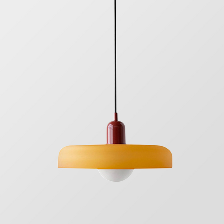 Suspension moderne Bauhaus en verre coloré, idéale pour un éclairage de bureau performant.