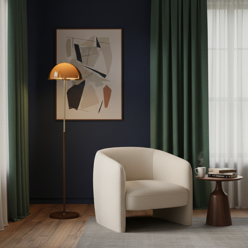Lampe de sol Rustina, dôme ambré rétro, design moderne, éclairage ambiant pour salon et chambre.