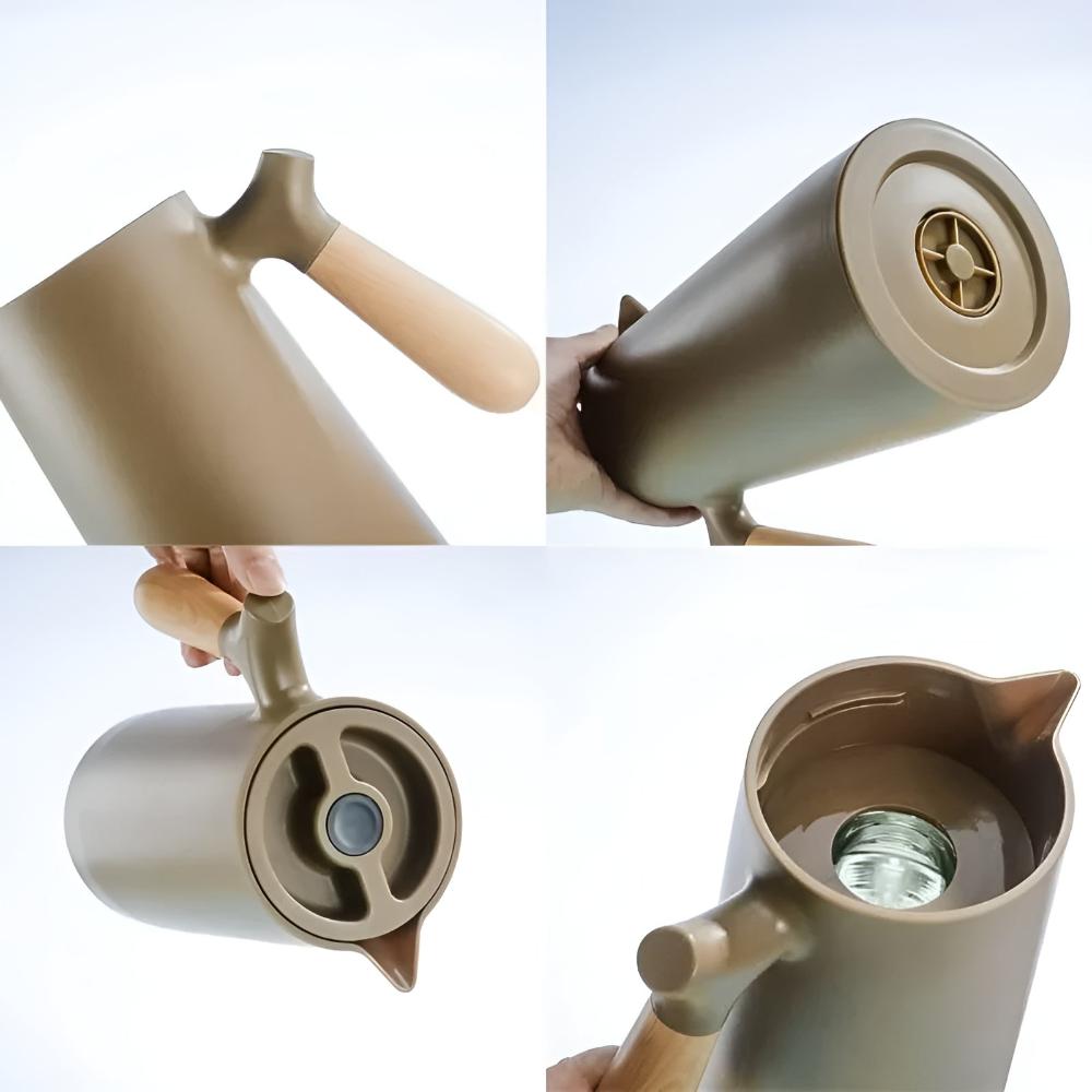 Carafe thermos polyvalente 1L. Pour eau, café, thé, chaude ou froide. Poignée bois et construction acier inoxydable.