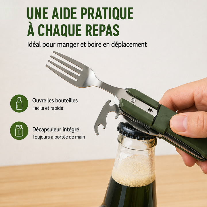 Kit de couverts de randonnée résistant en acier, incluant fourchette, couteau, cuillère, décapsuleur.