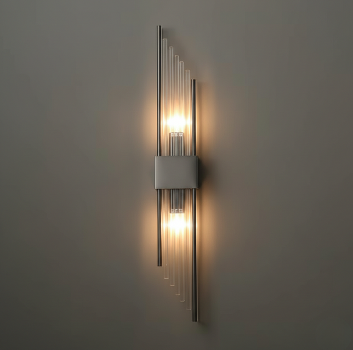 Éclairage mural LED design noir, blanc chaud, style contemporain.