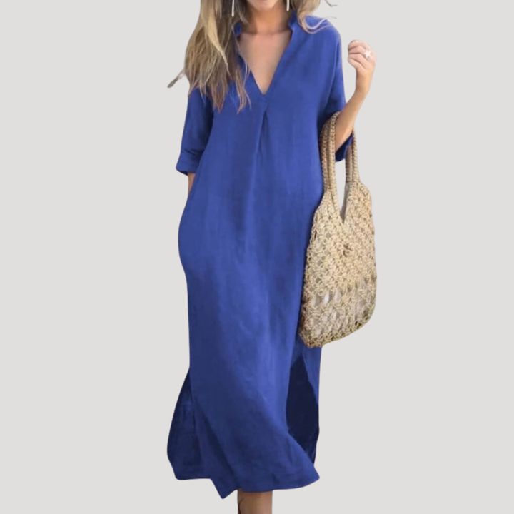 Robe midi fluide et vaporeuse pour femme, offrant confort et élégance décontractée pour l'été.