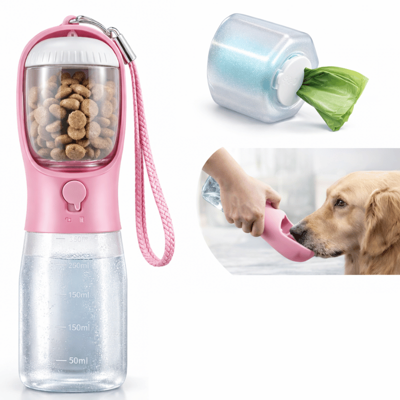 Gourde de voyage portable pour chien, avec distributeur d'eau et de nourriture pour animaux.