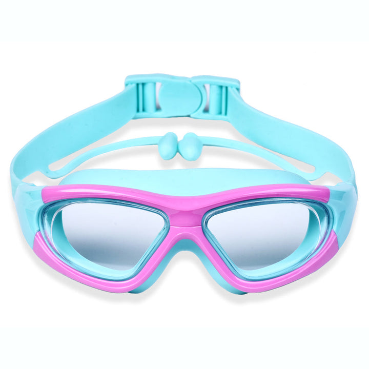 Grand cadre silicone pour lunettes natation enfant, anti-buée, protection UV optimale.