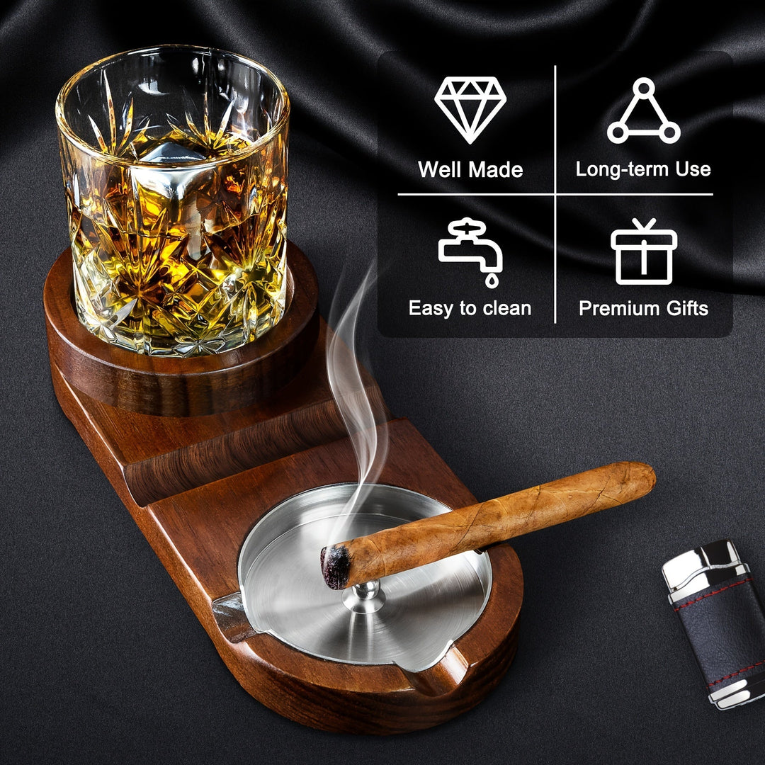 Pour amateur de cigares et whiskey: cendrier élégant, plateau en bois, cadeau parfait.