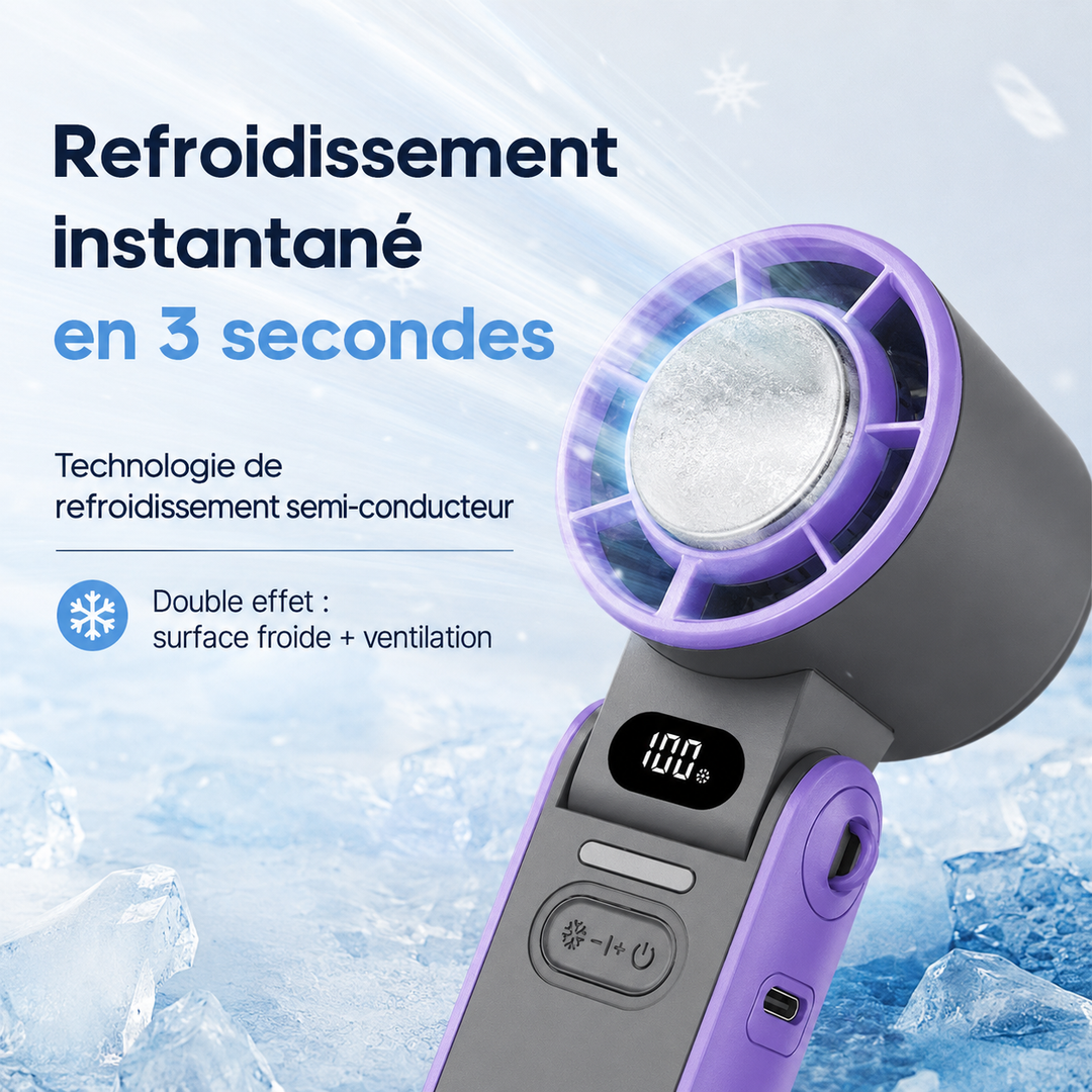 Mini ventilateur portable et pliable avec batterie rechargeable USB-C, idéal pour l'été en extérieur.