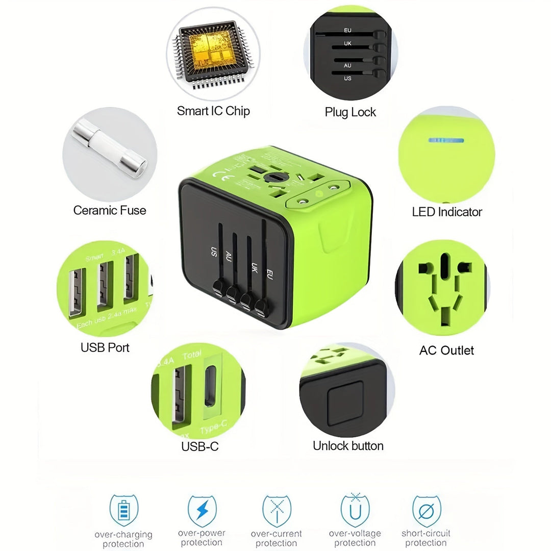 Adaptateur de voyage universel offrant charge rapide, sécurité et compatibilité USB Type-C.