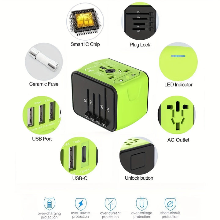 Adaptateur de voyage universel offrant charge rapide, sécurité et compatibilité USB Type-C.