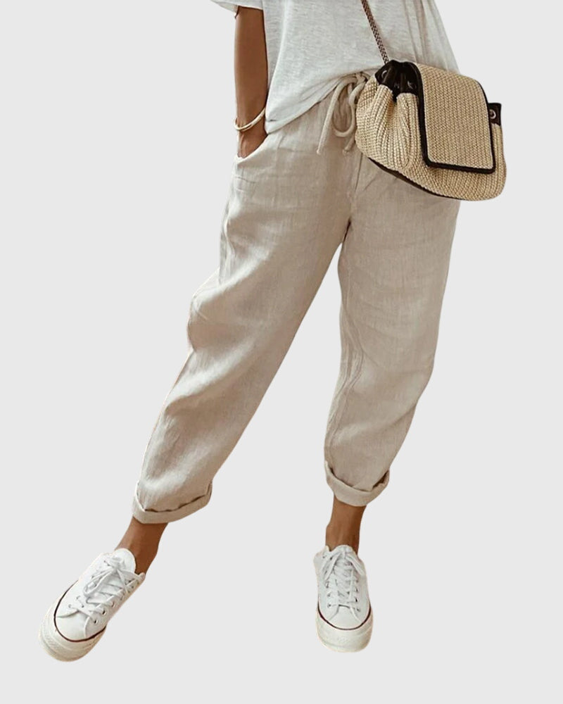 Pantalon élégant taille haute pour femmes, style chic et confortable, idéal printemps-été.