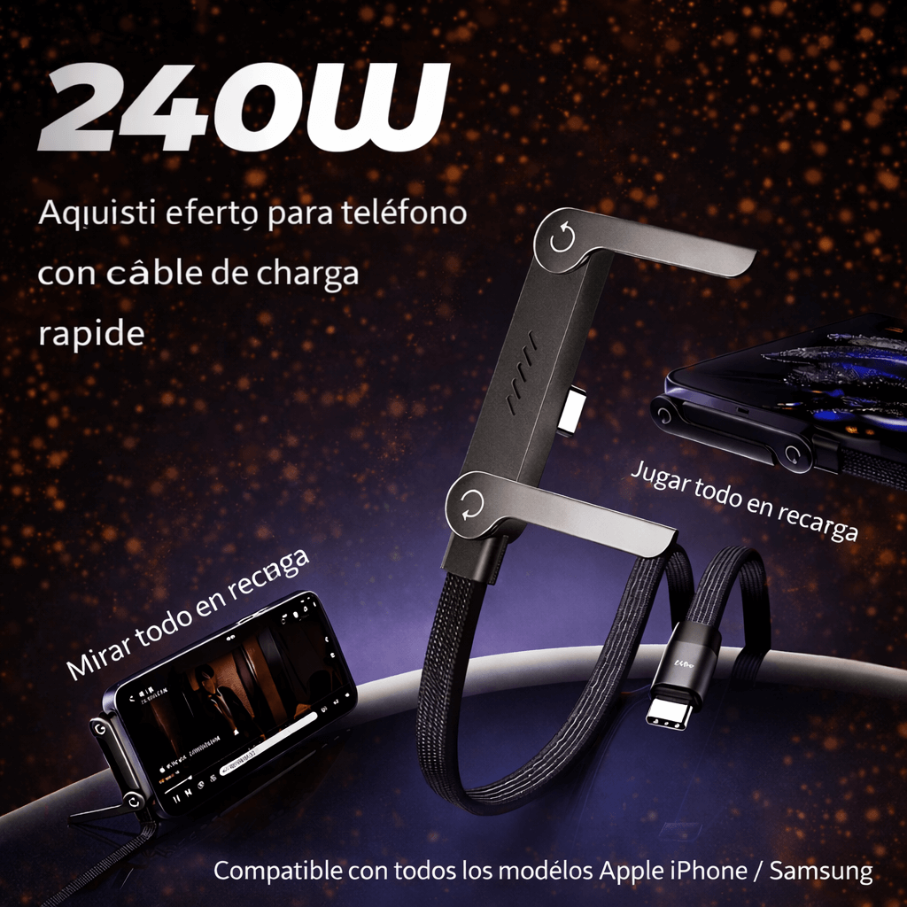 Cable de Carga Rápida USB-C 2-en-1 con Soporte Integrado para Móvil y Tablet