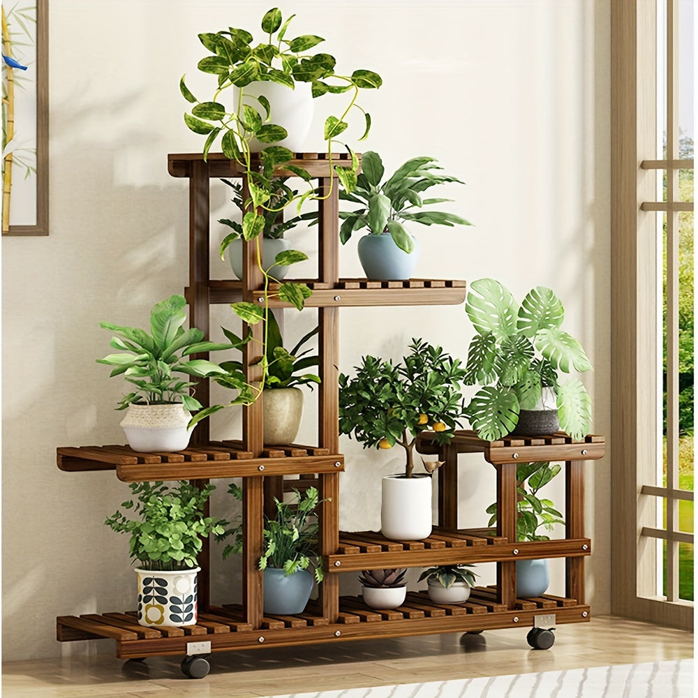 Support de plantes vertical à 6 niveaux en bois carbonisé robuste pour jardin intérieur ou balcon.