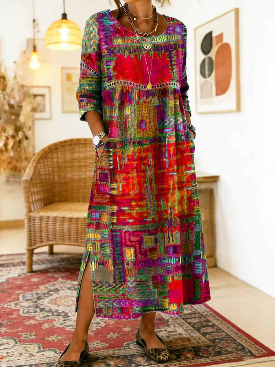 Robe d'été femme en jean fluide, motif patchwork, esprit bohème décontracté.