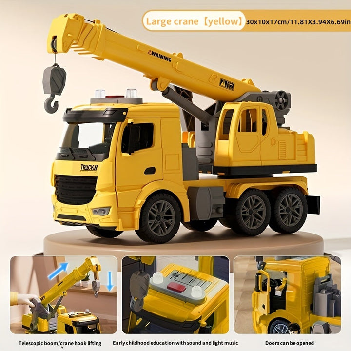 Camion grue jouet pour enfant avec bras mobile, crochets, lumières et sons, parfait pour simuler la construction.