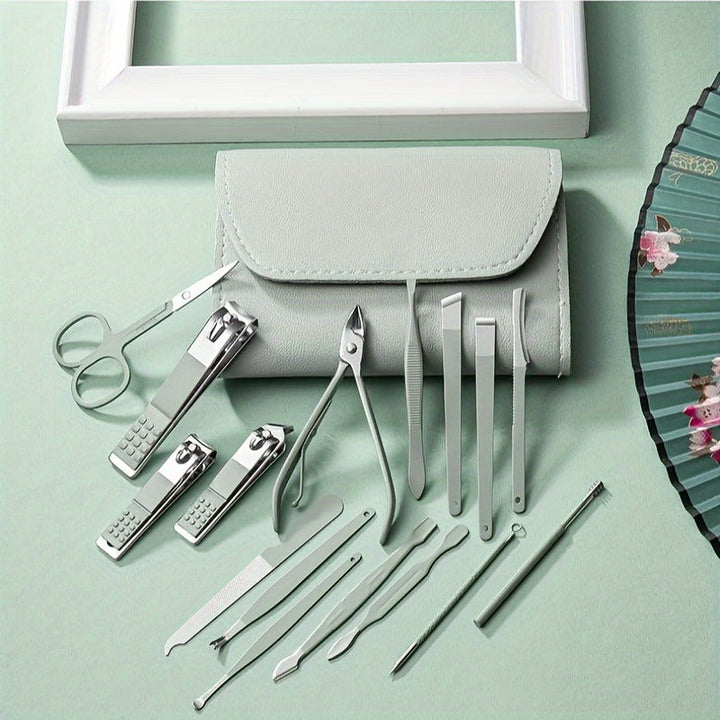 Kit manucure pédicure 16 pièces professionnel en acier inoxydable pour soins des ongles complets et hygiène.