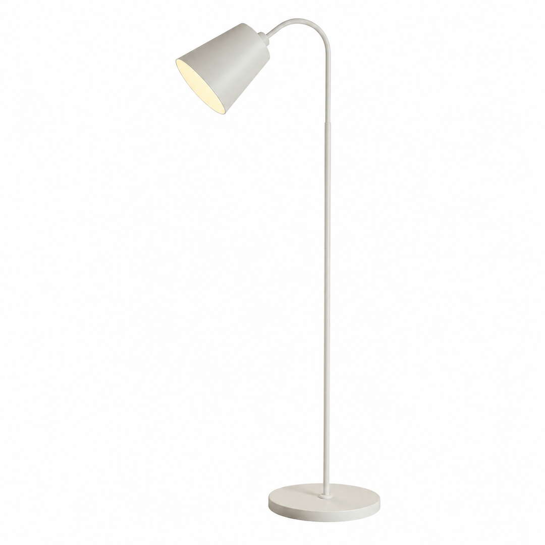 Lampadaire minimaliste en bois et métal noir, design moderne pour salon ou chambre.
