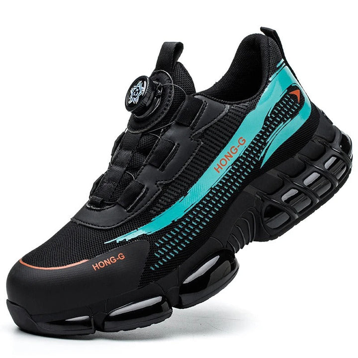 Chaussures de sécurité noires et grises pour homme et femme, anti-écrasement, avec laçage rotatif innovant.