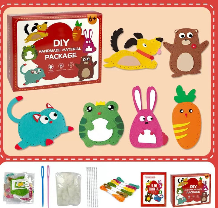 Activité manuelle amusante: enfant apprend la couture avec un kit DIY sûr. Cadeau parfait pour jeunes créateurs.