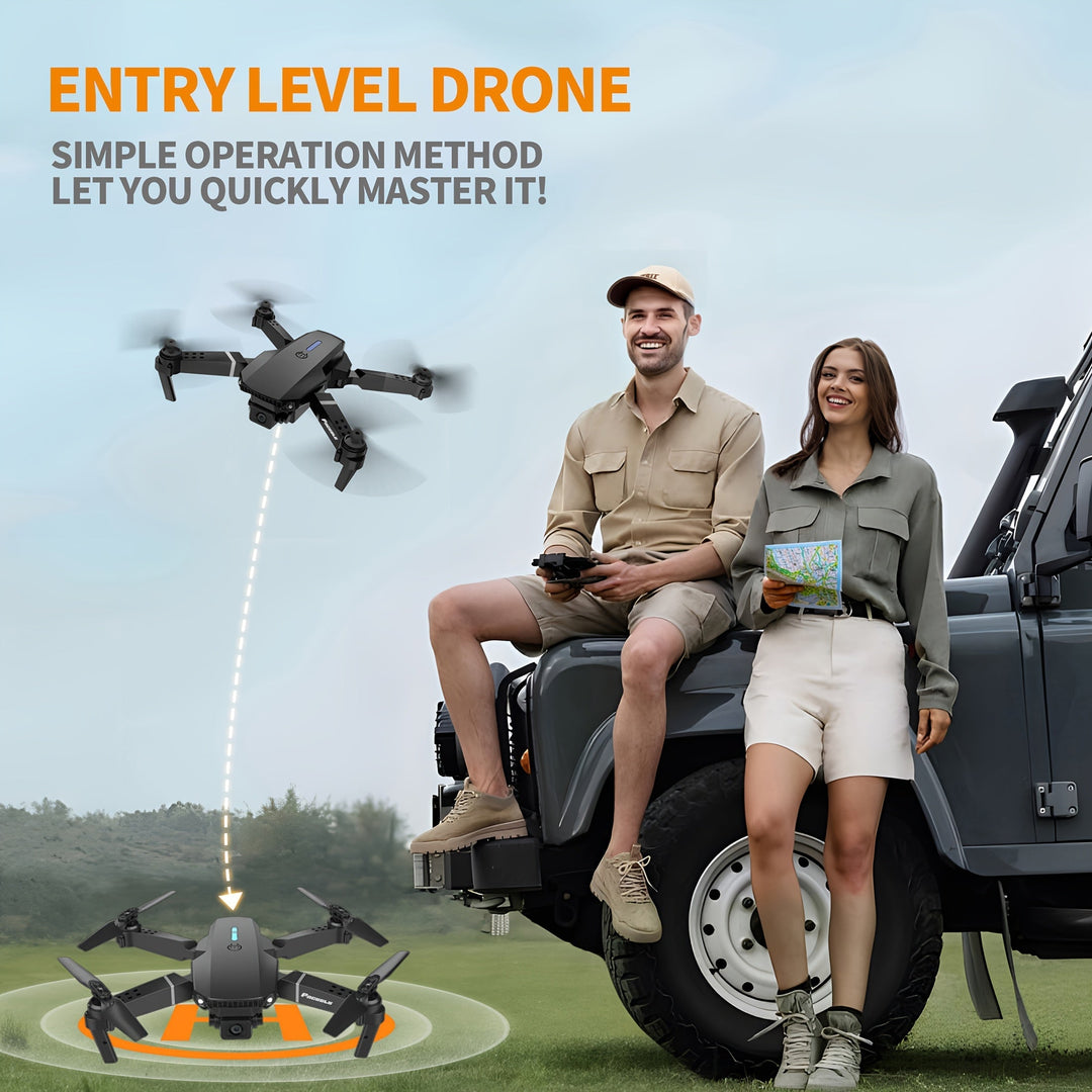 Drone E88 en plein vol avec double caméra, offrant des prises de vue aériennes claires et un maintien de hauteur.
