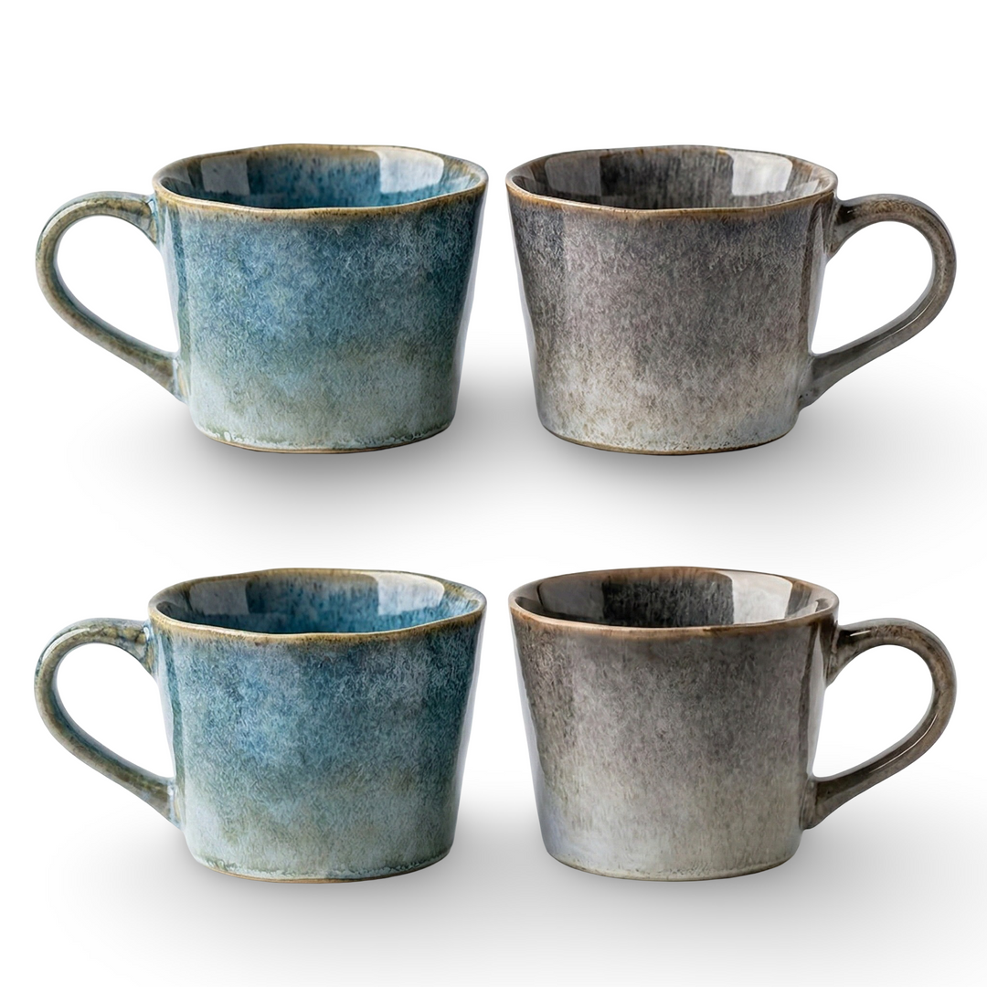 Ensemble de 4 tasses à café vintage en céramique émaillée céladon, parfait pour boissons chaudes.