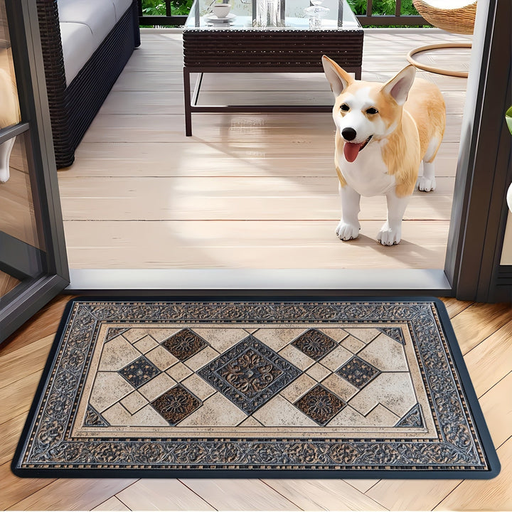 Tapis d'entrée géométrique lavable machine, en polyester, antidérapant, pour décor moderne et protection du sol.