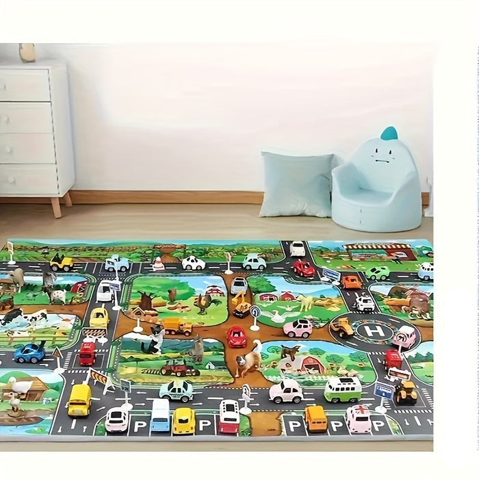 Tapis de jeu enfant DuoPlay lavable polyester. Thèmes ferme et circulation, éveil et imagination.