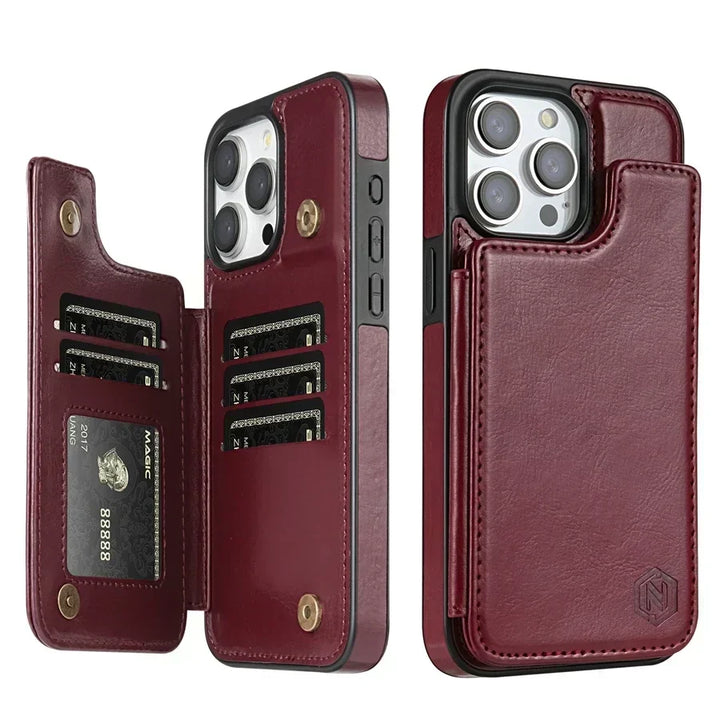 Coque iPhone cuir, porte-cartes, fermeture magnétique. Protection luxe.