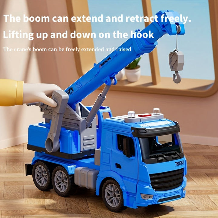 Camion grue jouet avec sons et lumières pour stimuler la créativité des enfants en plein jeu de construction.