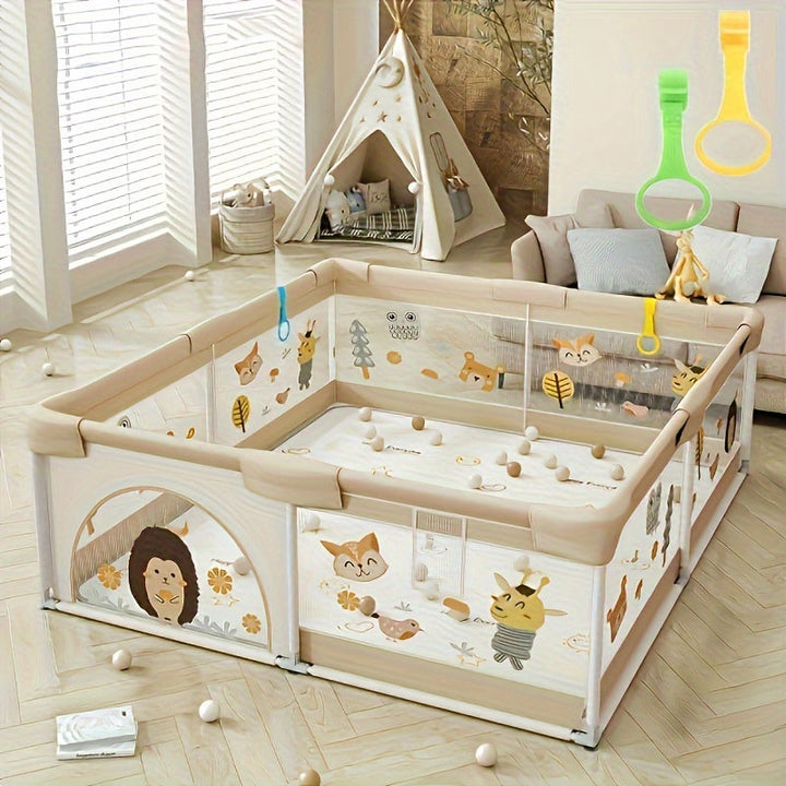Boîte de jeu enfant avec divers jouets d'éveil intégrés, encourageant le développement créatif et sensoriel.