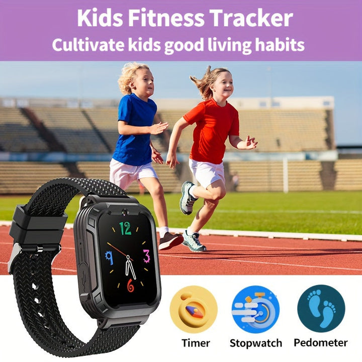 Montre enfant noire, interactive et éducative, conçue pour stimuler l'apprentissage et le jeu.