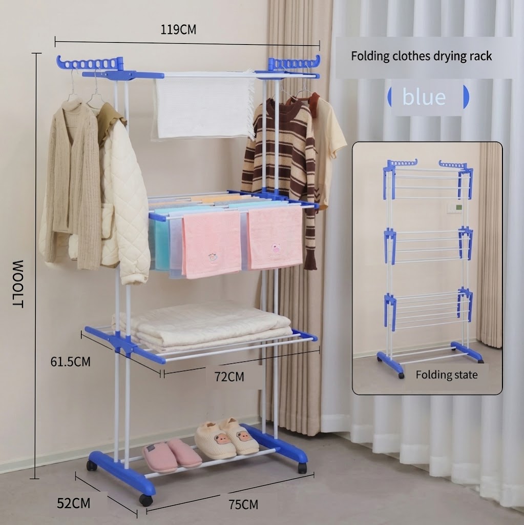 Sèche-linge pliable vertical 3 niveaux pour sécher le linge facilement. Étendoir compact et pratique pour appartement.