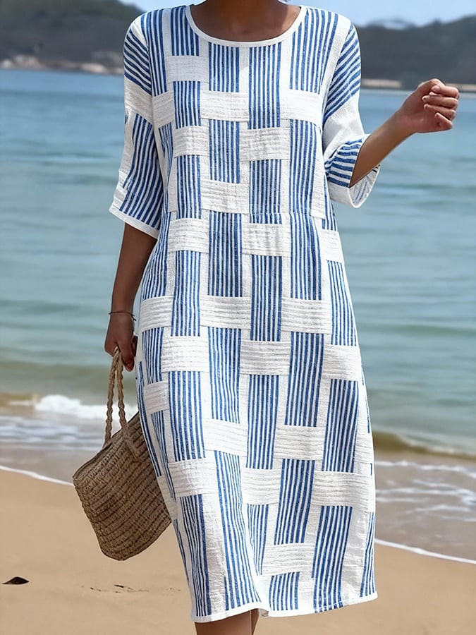 Robe femme décontractée en coton lin imprimé, manches mi-longues. Idéale pour l'été, la plage ou les vacances.