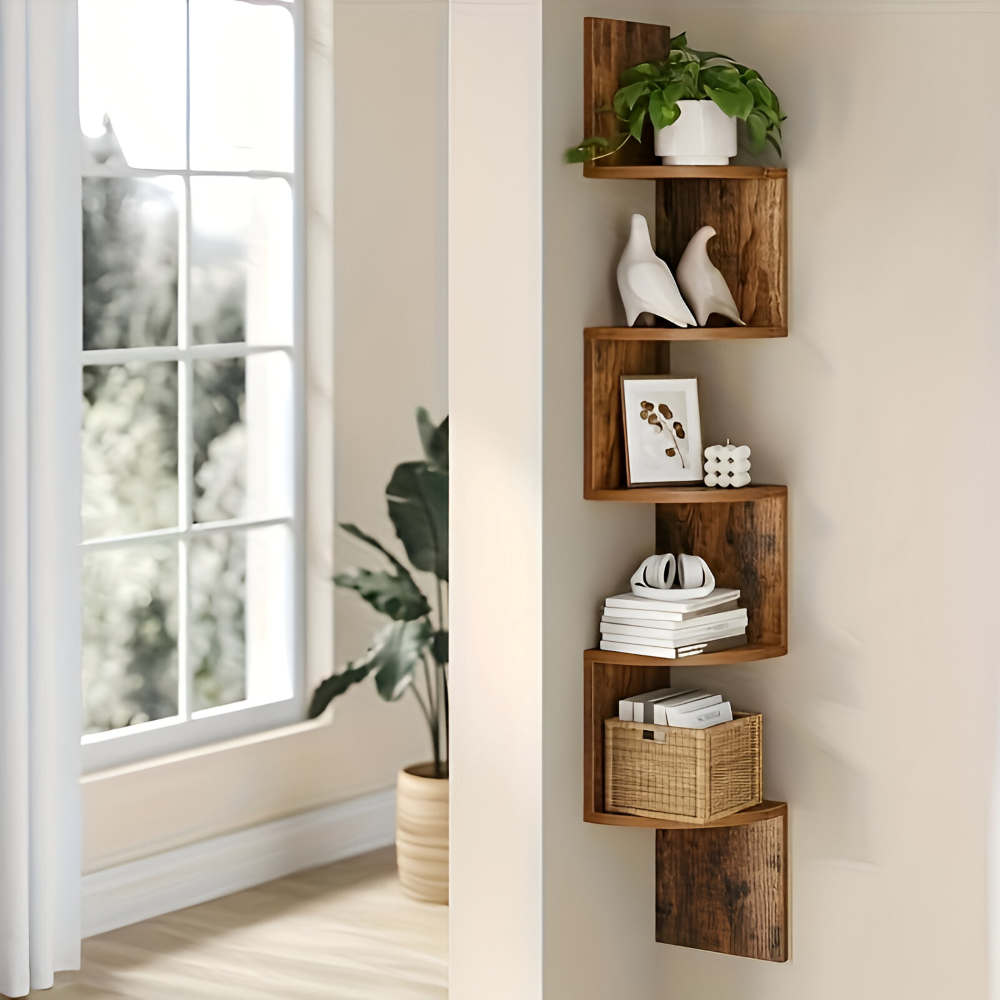 Étagère murale d'angle rustique en bois de noyer à 5 niveaux, idéale pour le rangement et la décoration.