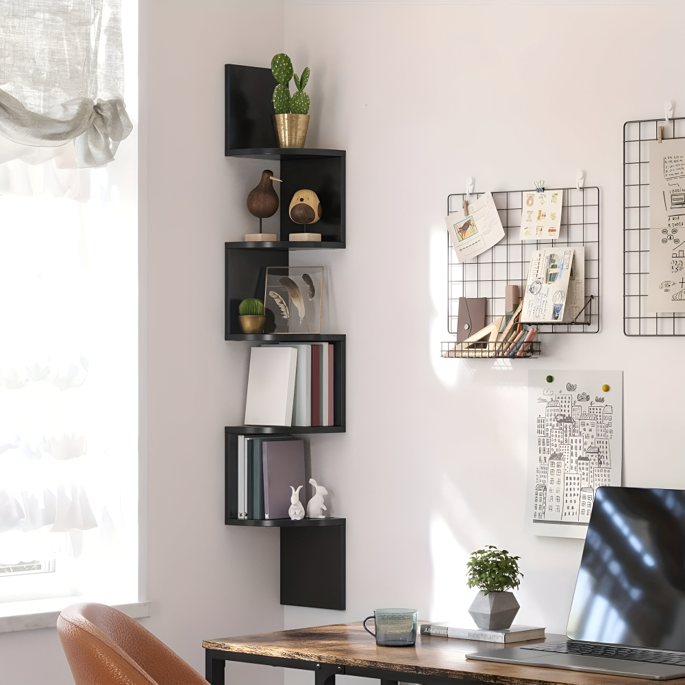 Gain de place avec cette étagère d'angle murale 5 niveaux, style rustique bois pour un intérieur organisé.