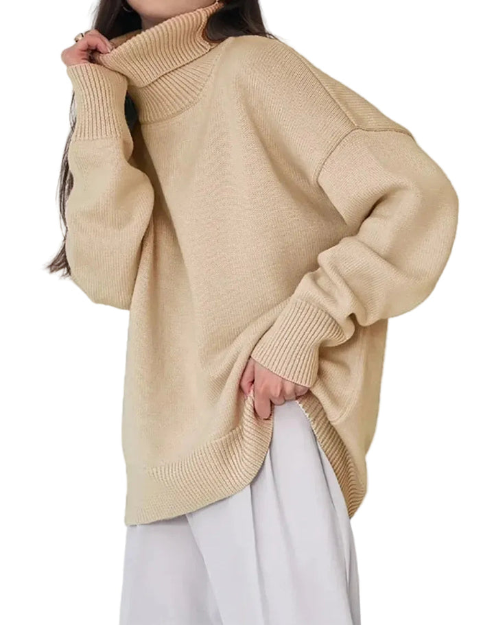Pull ample femme, col roulé chaud, parfait pour une tenue décontractée et tendance en hiver.
