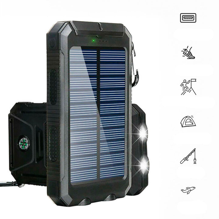 Chargeur solaire étanche ultra-capacité avec lampe LED et double USB dans son emballage. Portable.