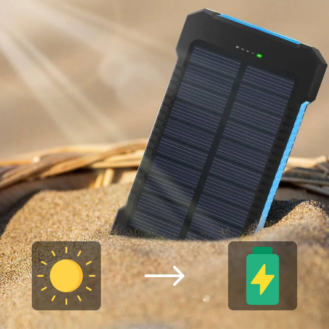 Power bank solaire écologique étanche, double USB, lampe LED. Ultra-capacité pour vos besoins en extérieur.