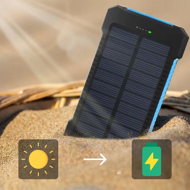 Power bank solaire écologique étanche, double USB, lampe LED. Ultra-capacité pour vos besoins en extérieur.