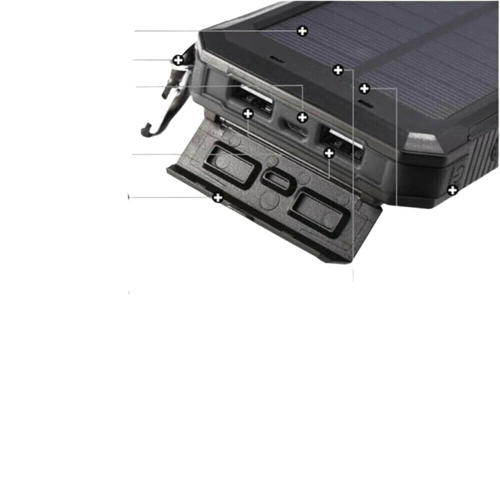 Design robuste du chargeur solaire étanche. Power bank ultra-capacité, double USB, lampe LED intégrée.
